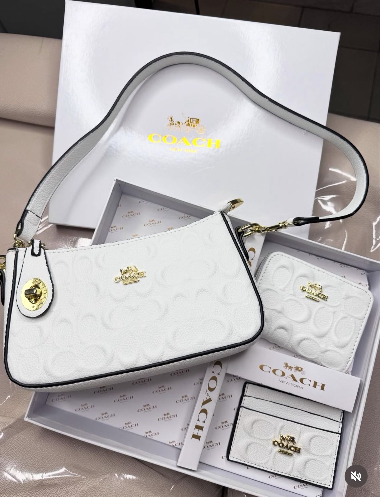 Coach handbag and wallet set with branded packaging on a reflective surface