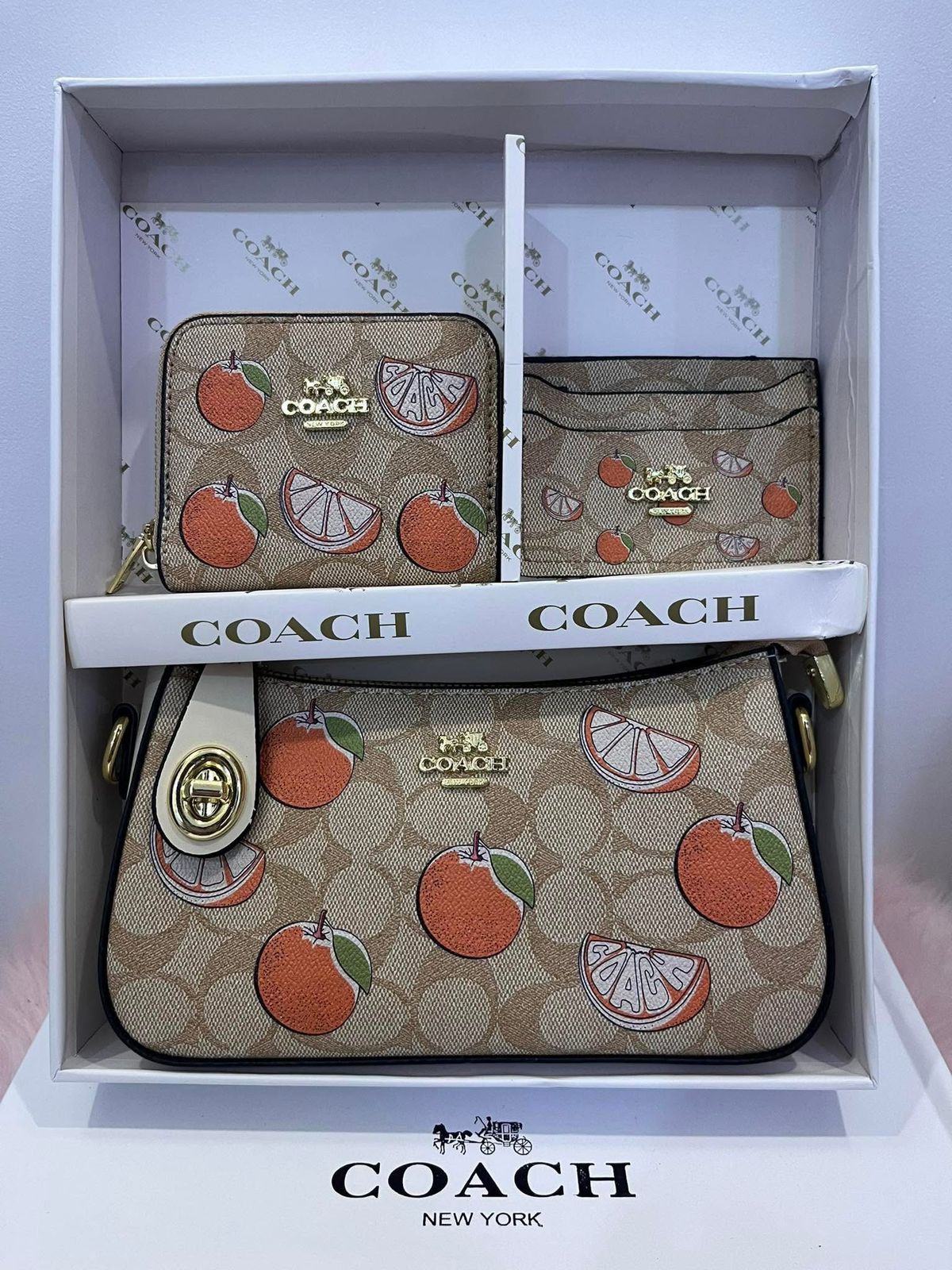 Coach handbags with fruit design in a box, featuring the Coach New York logo.