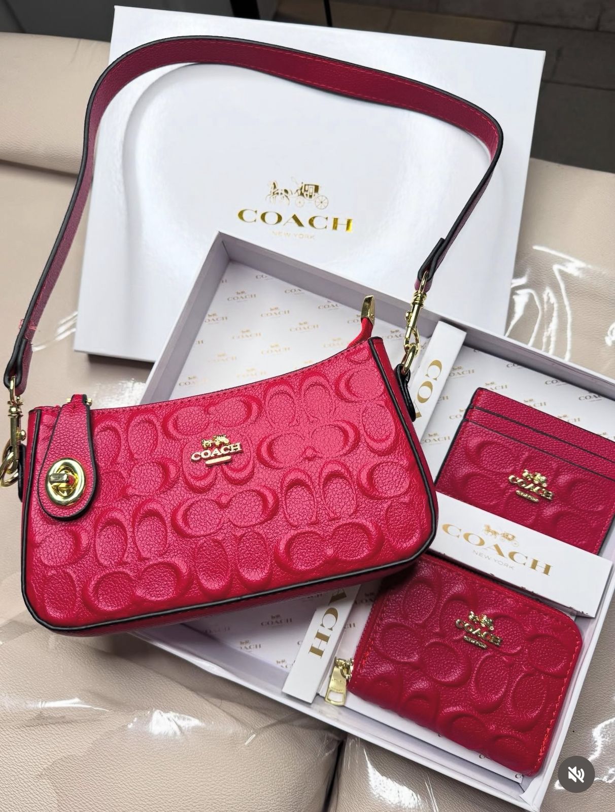 Red Coach handbag and wallets with branded packaging on a beige surface