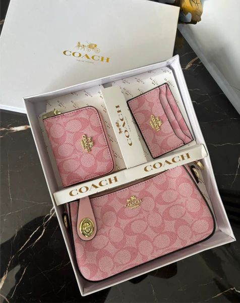 Pink Coach wallet and pouch set in a branded box on a dark surface.